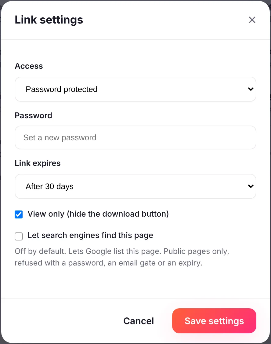 Snapy link settings with Access set to Password protected, the link set to expire after 30 days, and View only switched on