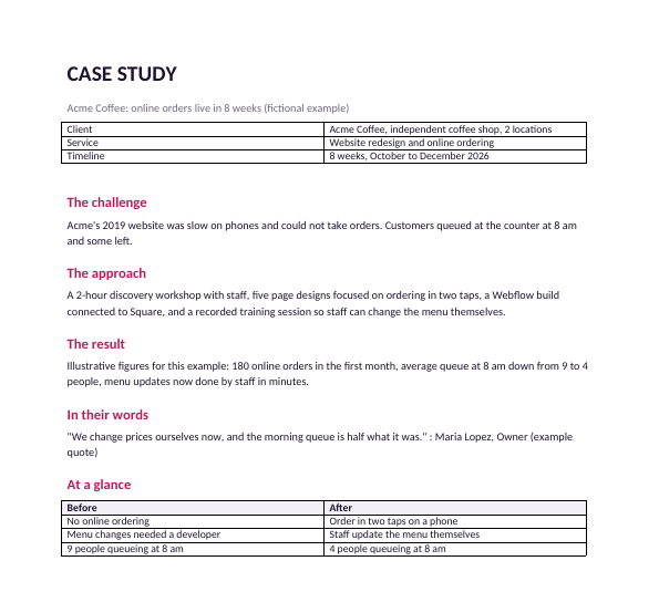 First page of the filled-in case study example with a before-and-after table