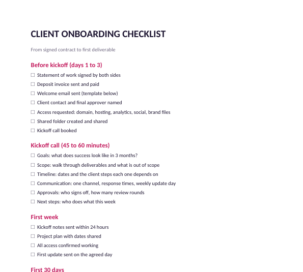 Page 1 of the client onboarding checklist