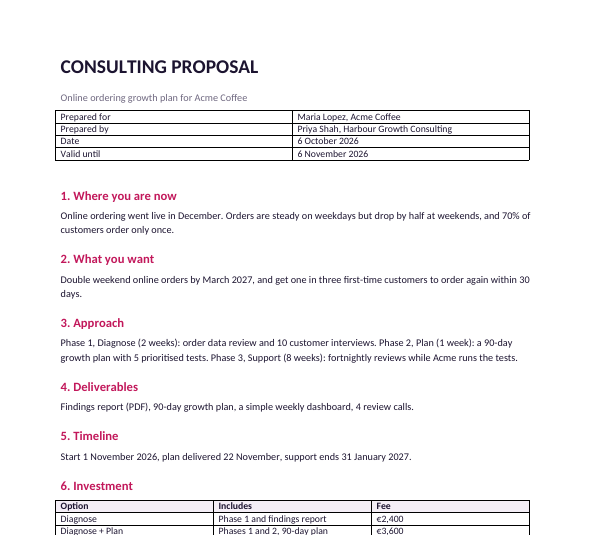 First page of the filled-in consulting proposal example with three pricing options