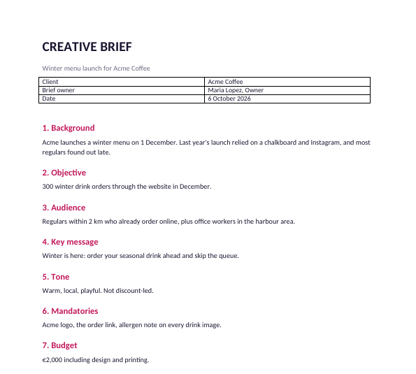 First page of the filled-in creative brief example for a winter menu launch