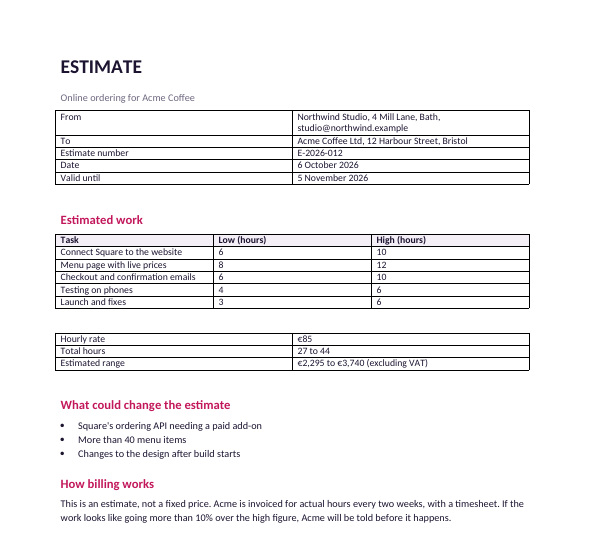 First page of the filled-in estimate example with hour ranges per task