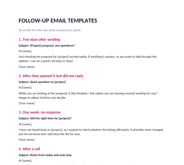First page of the follow-up email templates