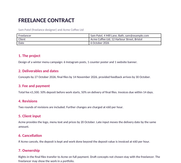 First page of the filled-in freelance contract example for a design job
