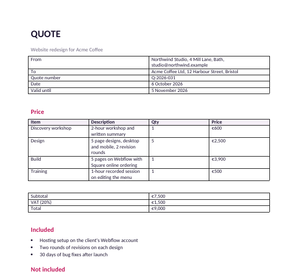 First page of the filled-in quote example for a website redesign