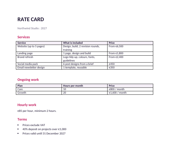 First page of the filled-in rate card example for a design studio
