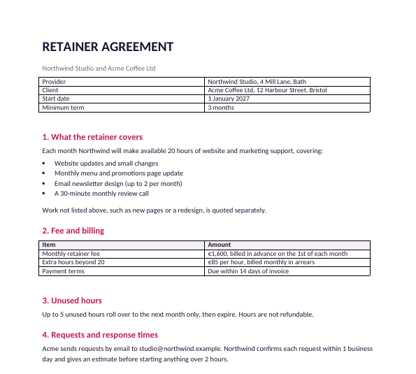 First page of the filled-in retainer agreement example: 20 hours a month for a coffee shop