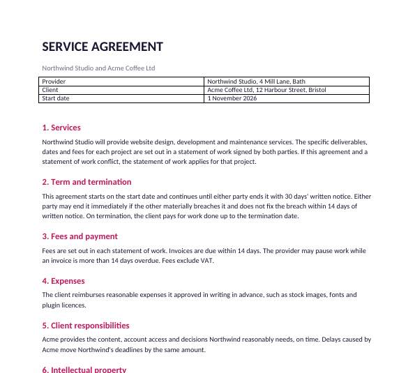 First page of the filled-in service agreement example between a design studio and a coffee shop