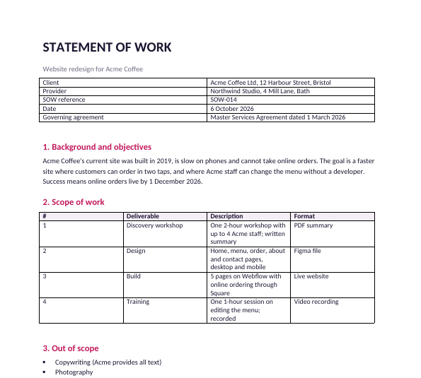 First page of the filled-in statement of work example: a website redesign for a coffee shop